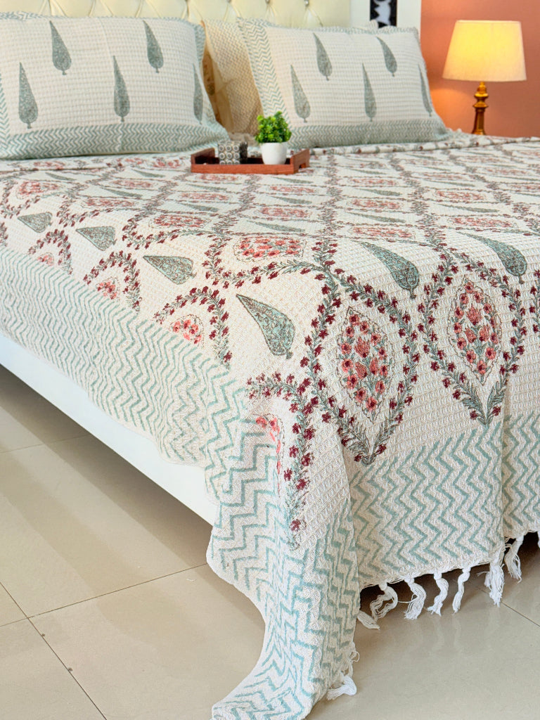 Soft Bloom Hand Blocked South Cotton Weave Bedcover