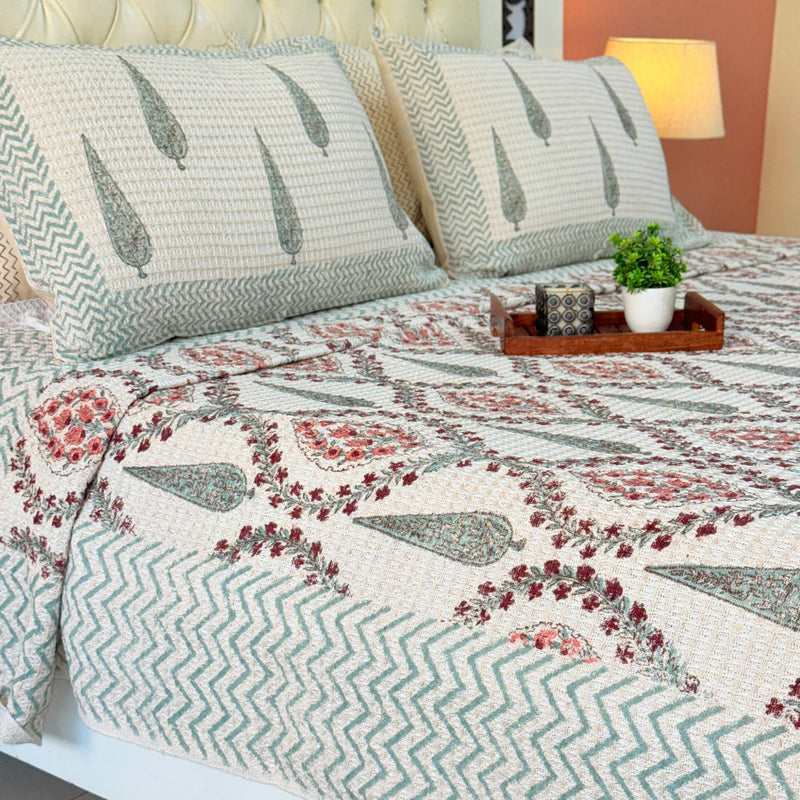 Soft Bloom Hand Blocked South Cotton Weave Bedcover