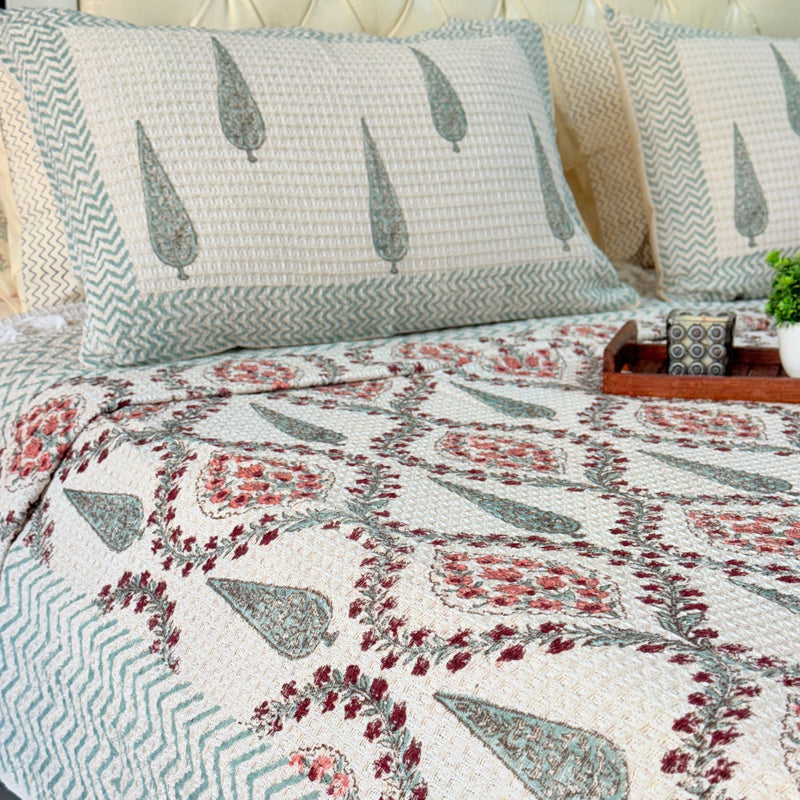 Soft Bloom Hand Blocked South Cotton Weave Bedcover