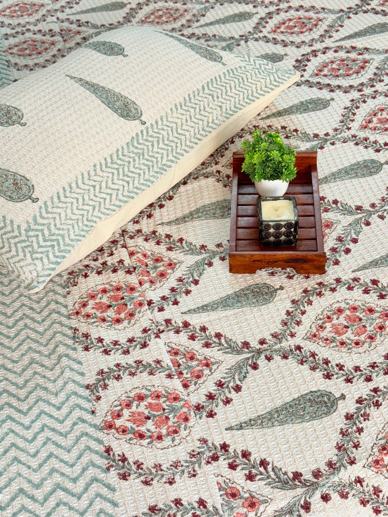 Soft Bloom Hand Blocked South Cotton Weave Bedcover