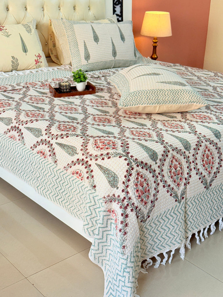 Soft Bloom Hand Blocked South Cotton Weave Bedcover