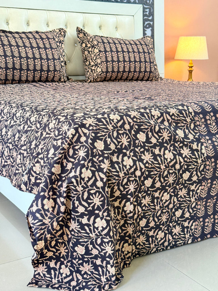 Black Base Floral Pattern Ajrakh Blockprint Sheet