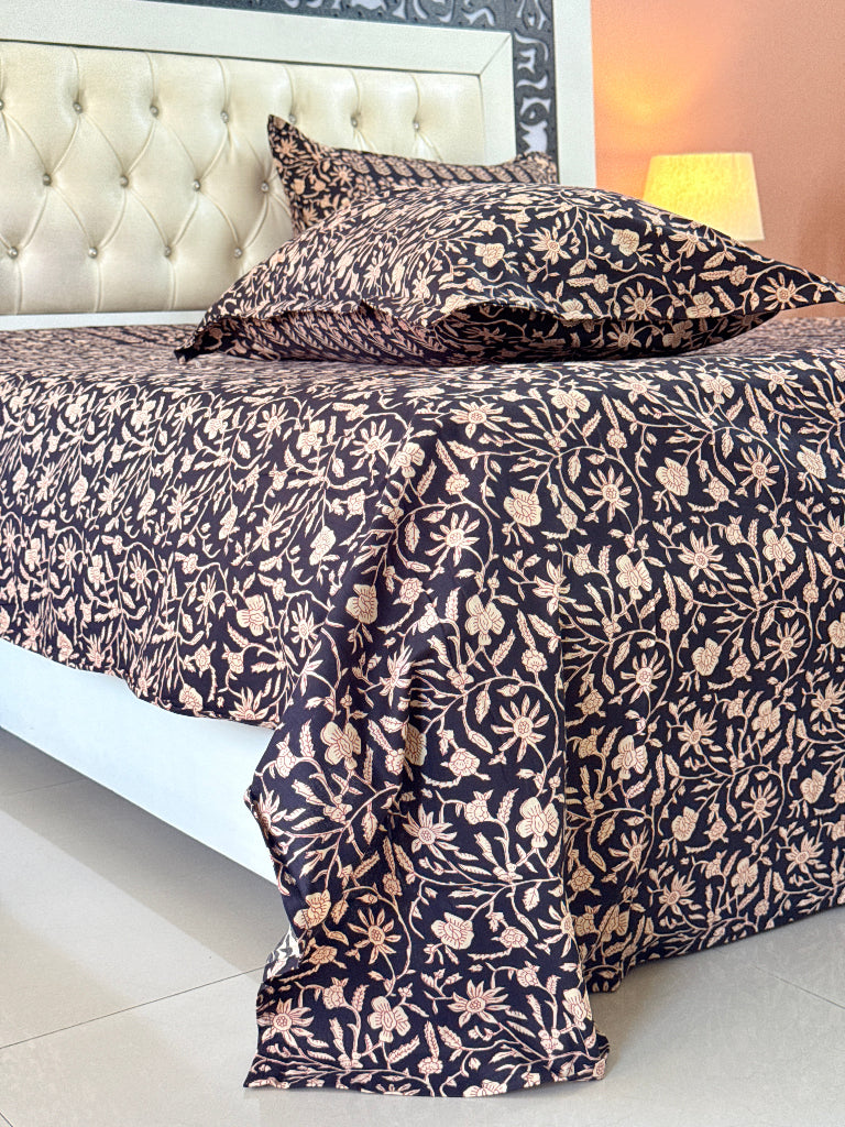 Black Base Floral Pattern Ajrakh Blockprint Sheet