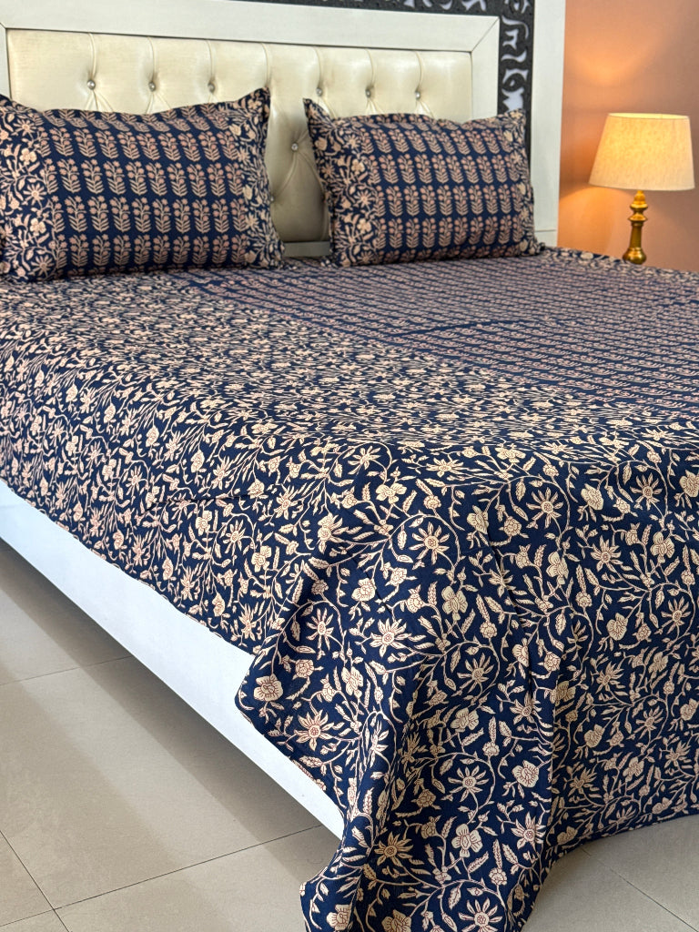 Night Blue Floral Pattern Ajrakh Blockprint Sheet