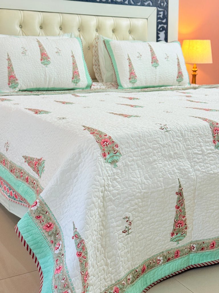 Cypress Bloom Hand Blocked Quilted Bedcover