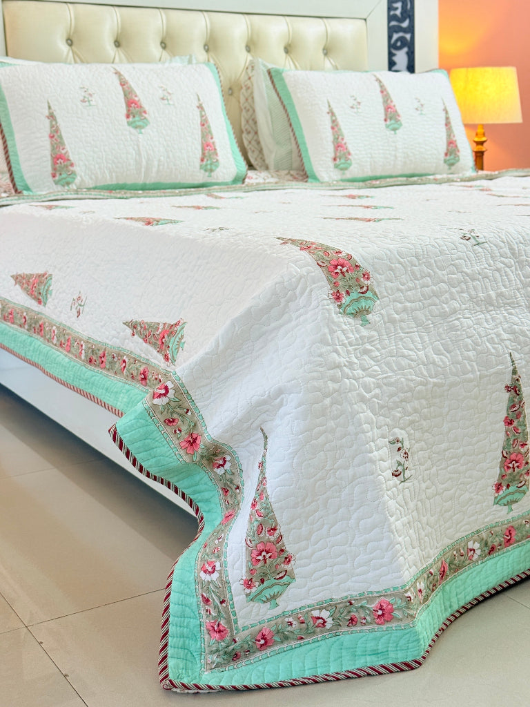 Cypress Bloom Hand Blocked Quilted Bedcover
