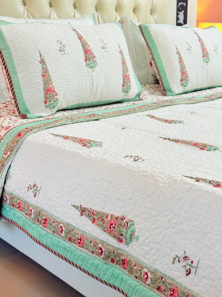 Cypress Bloom Hand Blocked Quilted Bedcover