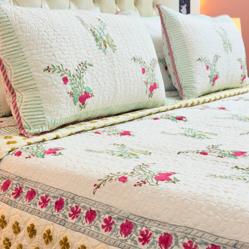 The Floral Bliss Hand Blocked Quilted Bedcover