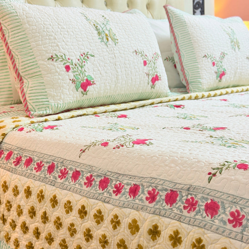The Floral Bliss Hand Blocked Quilted Bedcover