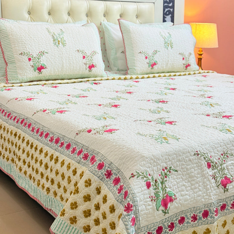 The Floral Bliss Hand Blocked Quilted Bedcover