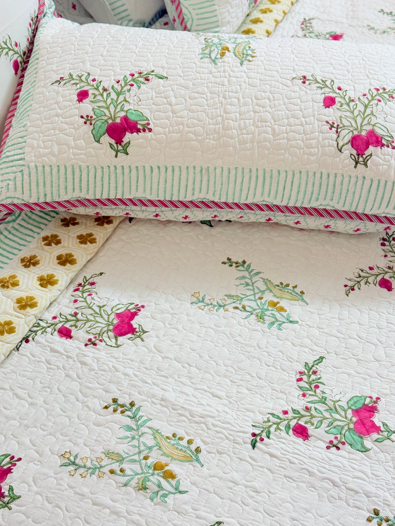 The Floral Bliss Hand Blocked Quilted Bedcover