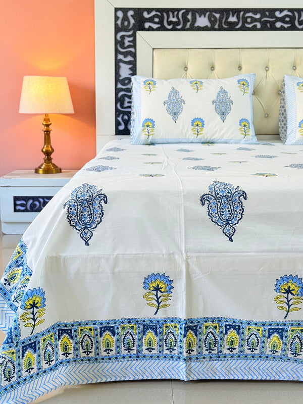 Yellow and Blue Florals Hand Blocked Sheet