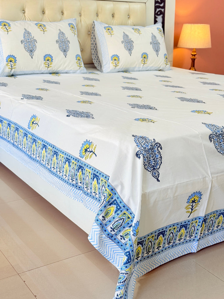 Yellow and Blue Florals Hand Blocked Sheet