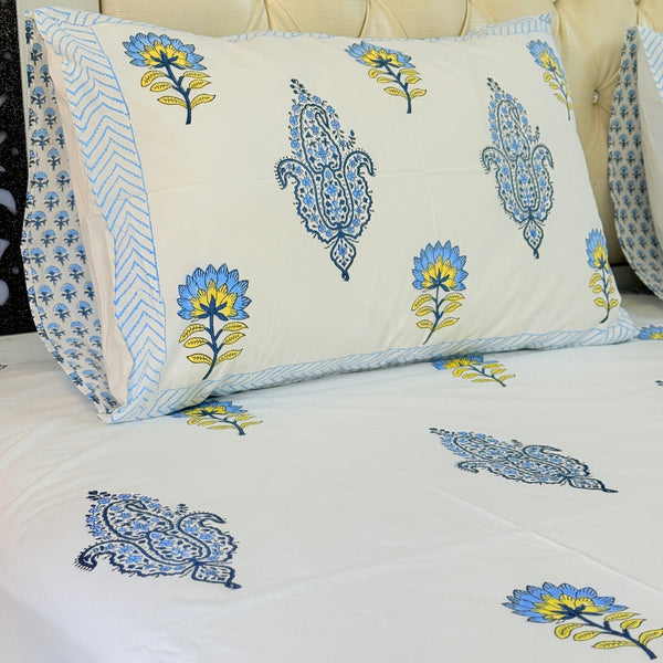 Yellow and Blue Florals Hand Blocked Sheet