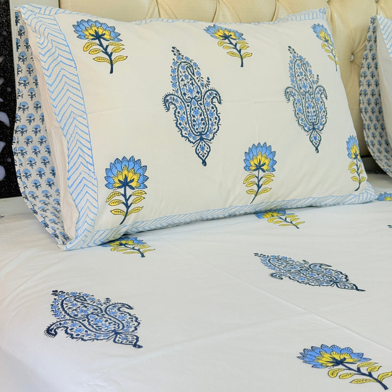 Yellow and Blue Florals Hand Blocked Sheet
