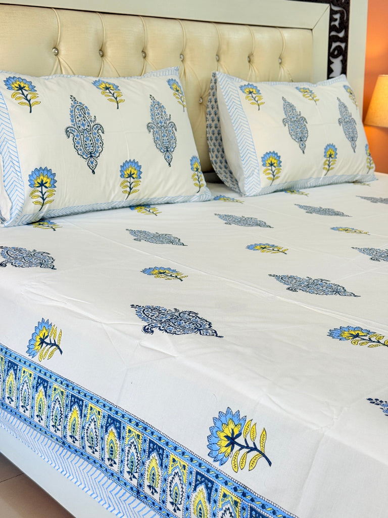 Yellow and Blue Florals Hand Blocked Sheet