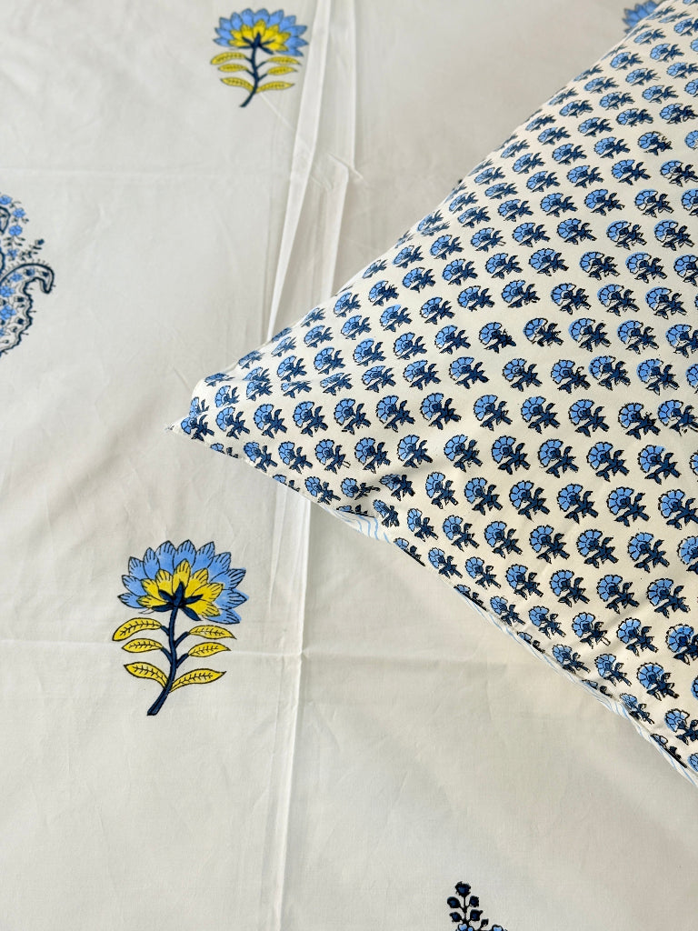 Yellow and Blue Florals Hand Blocked Sheet