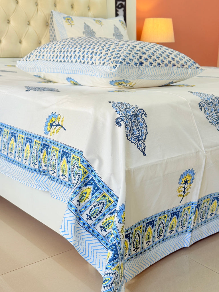 Yellow and Blue Florals Hand Blocked Sheet