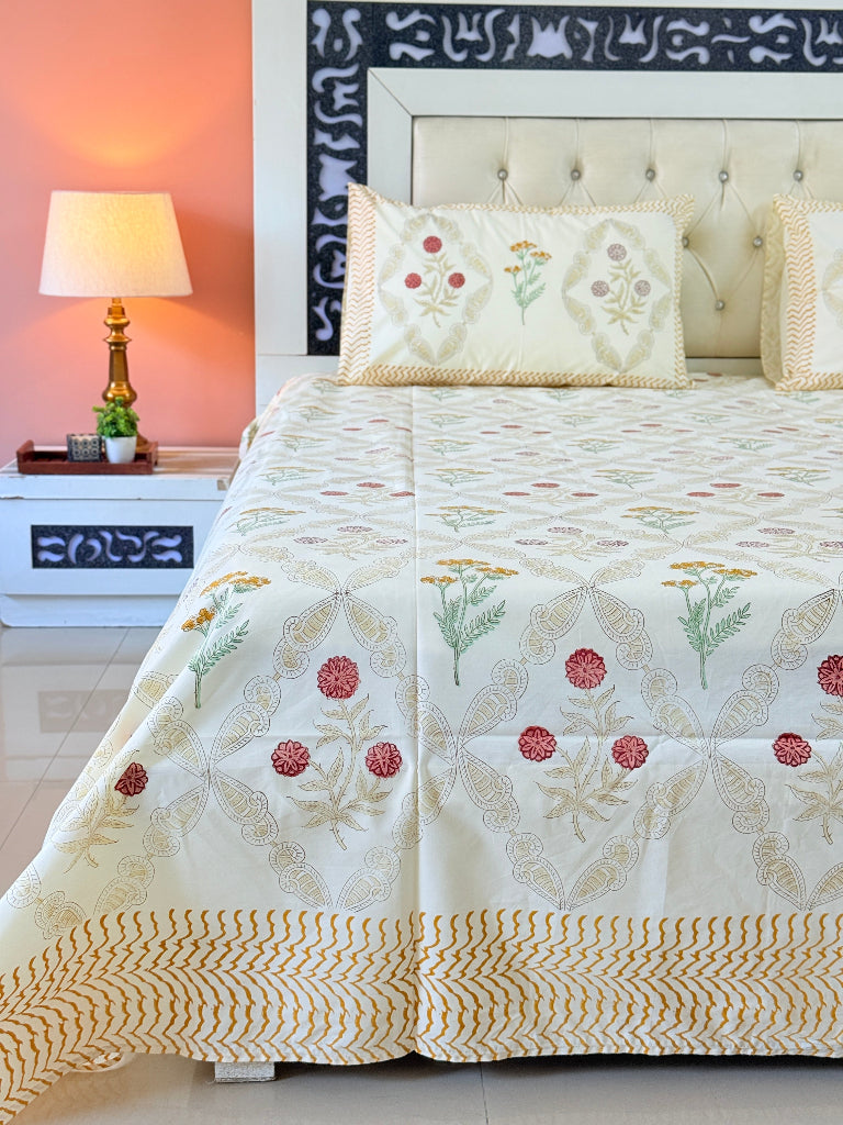 Yellow Base Floral Grid Hand Blocked Sheet
