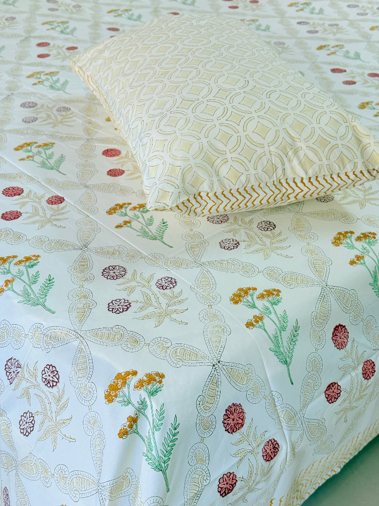 Yellow Base Floral Grid Hand Blocked Sheet