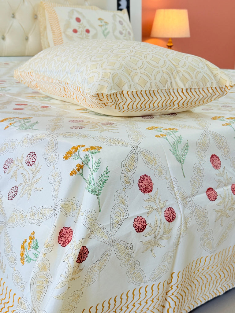 Yellow Base Floral Grid Hand Blocked Sheet