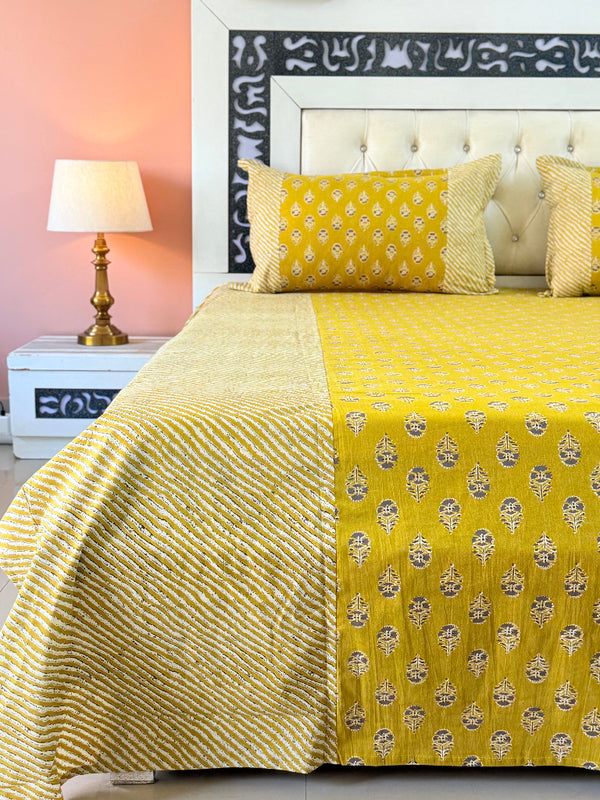 Mustard Yellow Floral Print Ajrakh Bedsheet