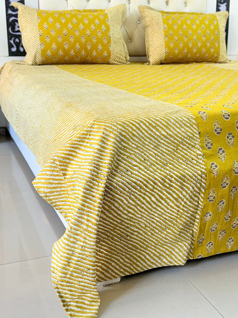 Mustard Yellow Floral Print Ajrakh Bedsheet