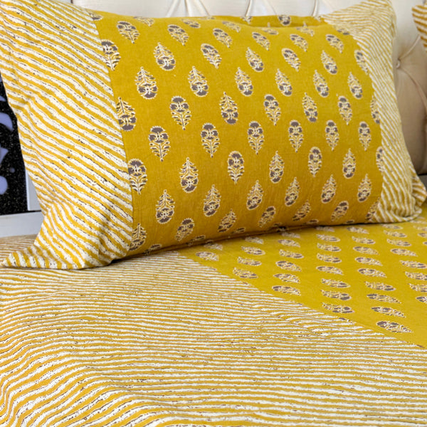 Mustard Yellow Floral Print Ajrakh Bedsheet