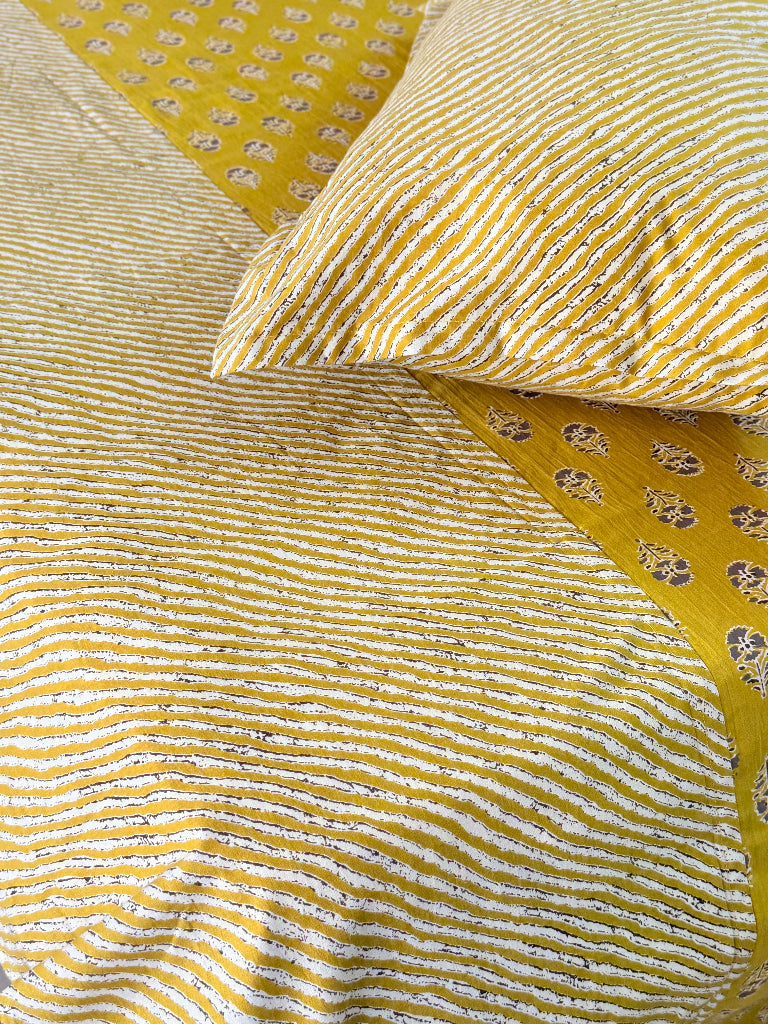 Mustard Yellow Floral Print Ajrakh Bedsheet
