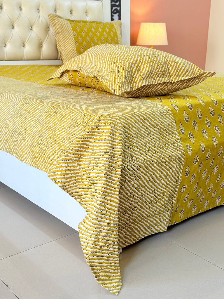 Mustard Yellow Floral Print Ajrakh Bedsheet