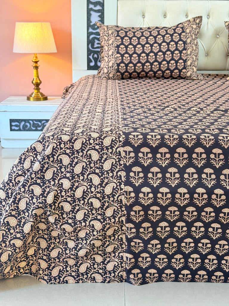 Black Paisley Beauty Ajrakh Bedsheet