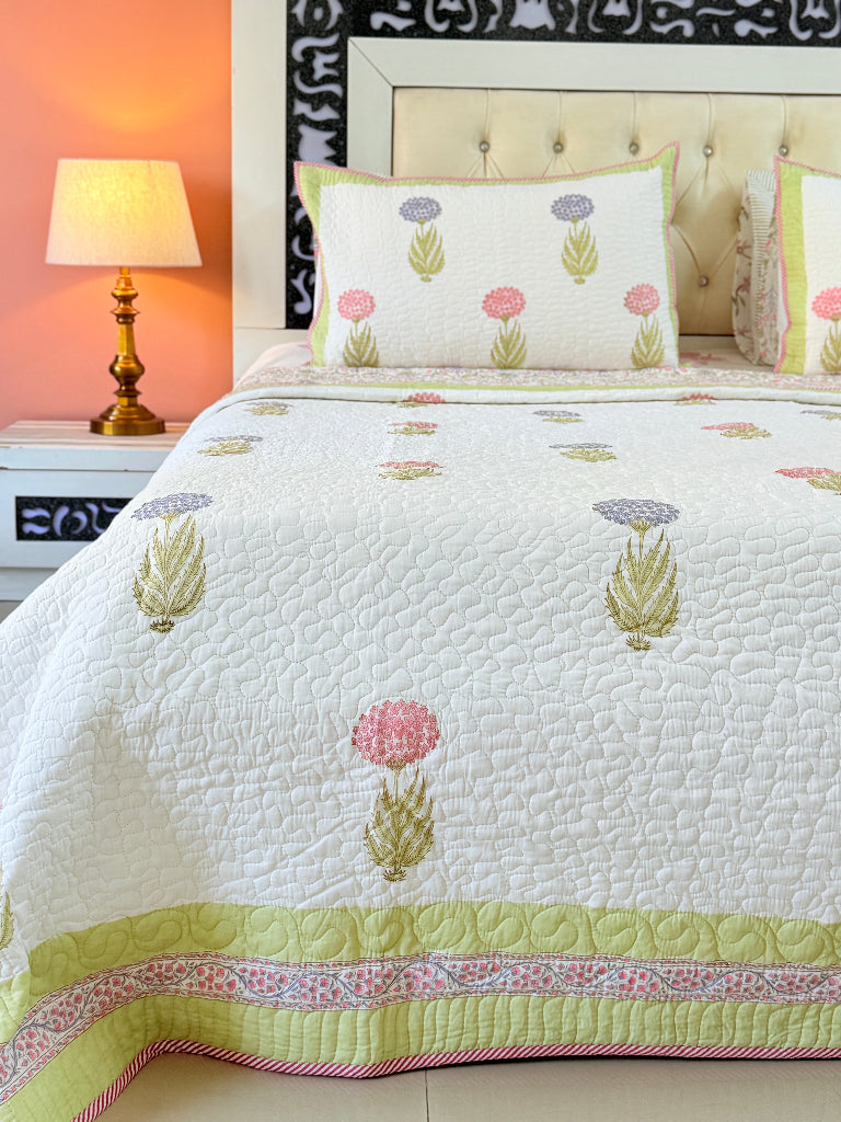 Floral Elegance Hand Blocked Quilted Bedcover