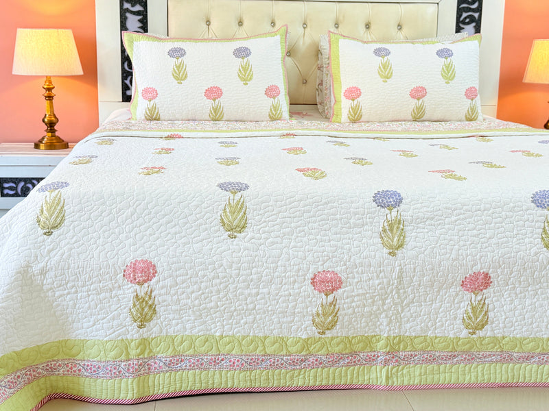 Floral Elegance Hand Blocked Quilted Bedcover