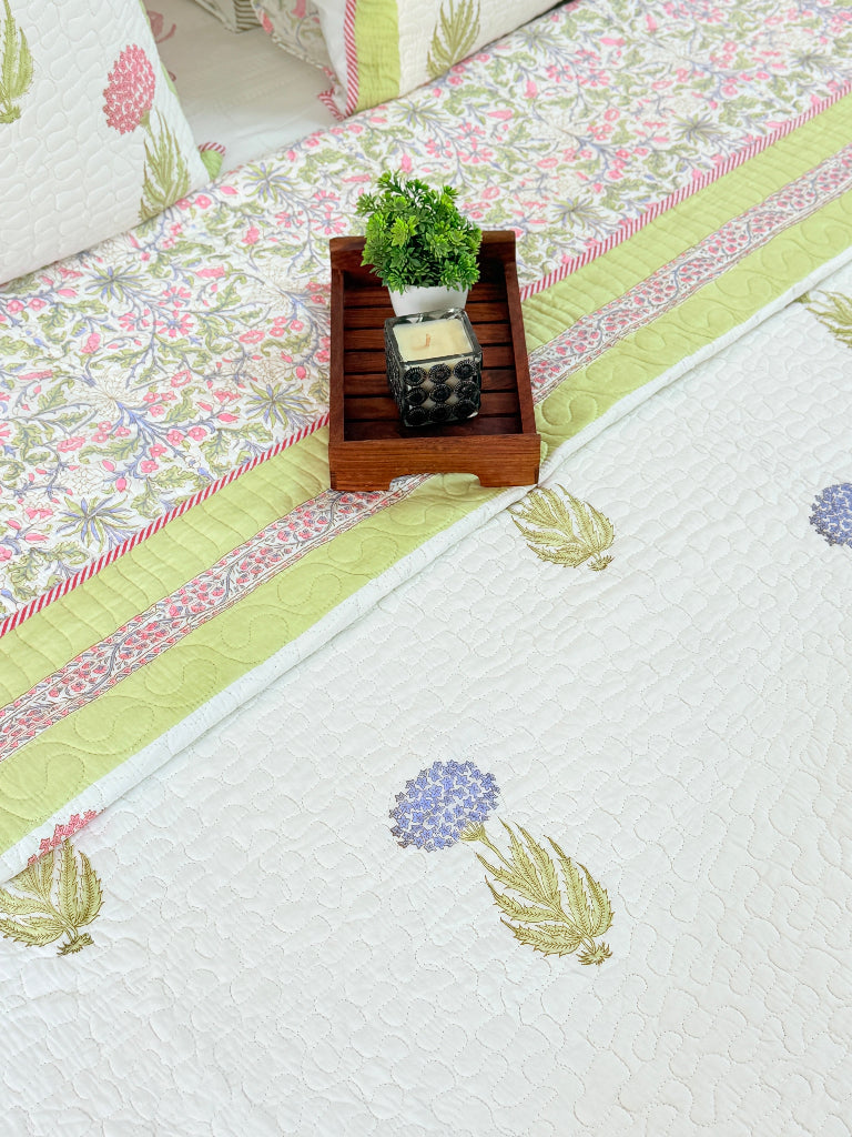Floral Elegance Hand Blocked Quilted Bedcover
