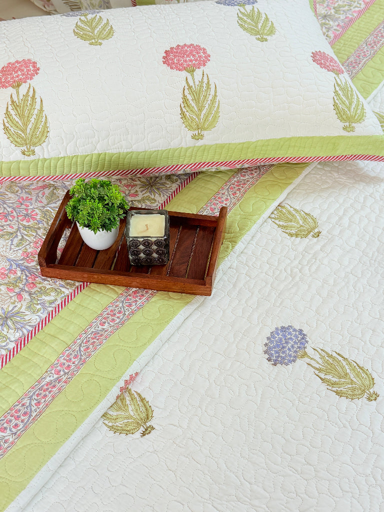 Floral Elegance Hand Blocked Quilted Bedcover