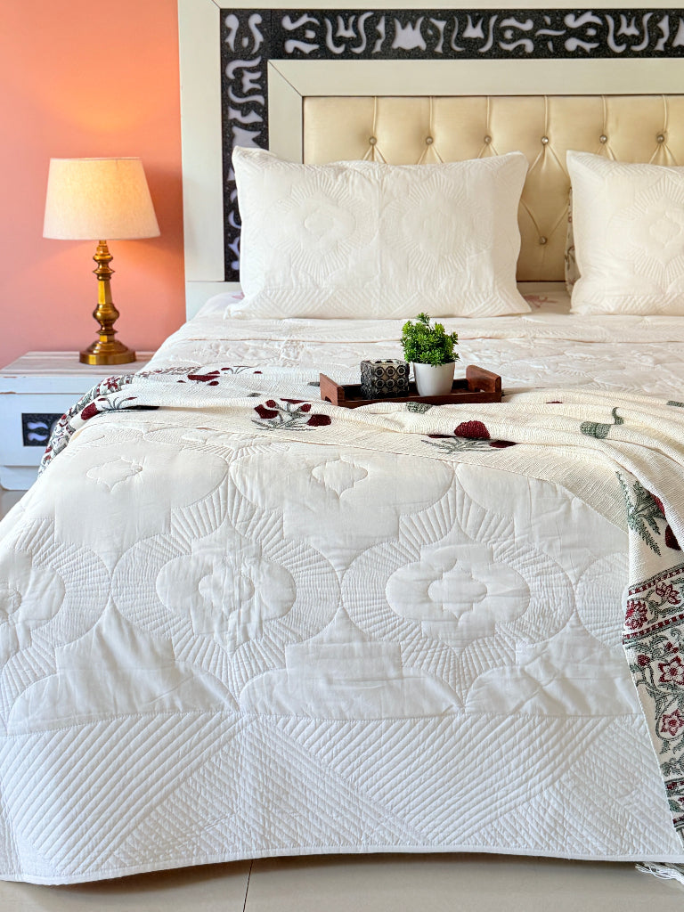 White Meadow Embroidered Quilted Bedcover