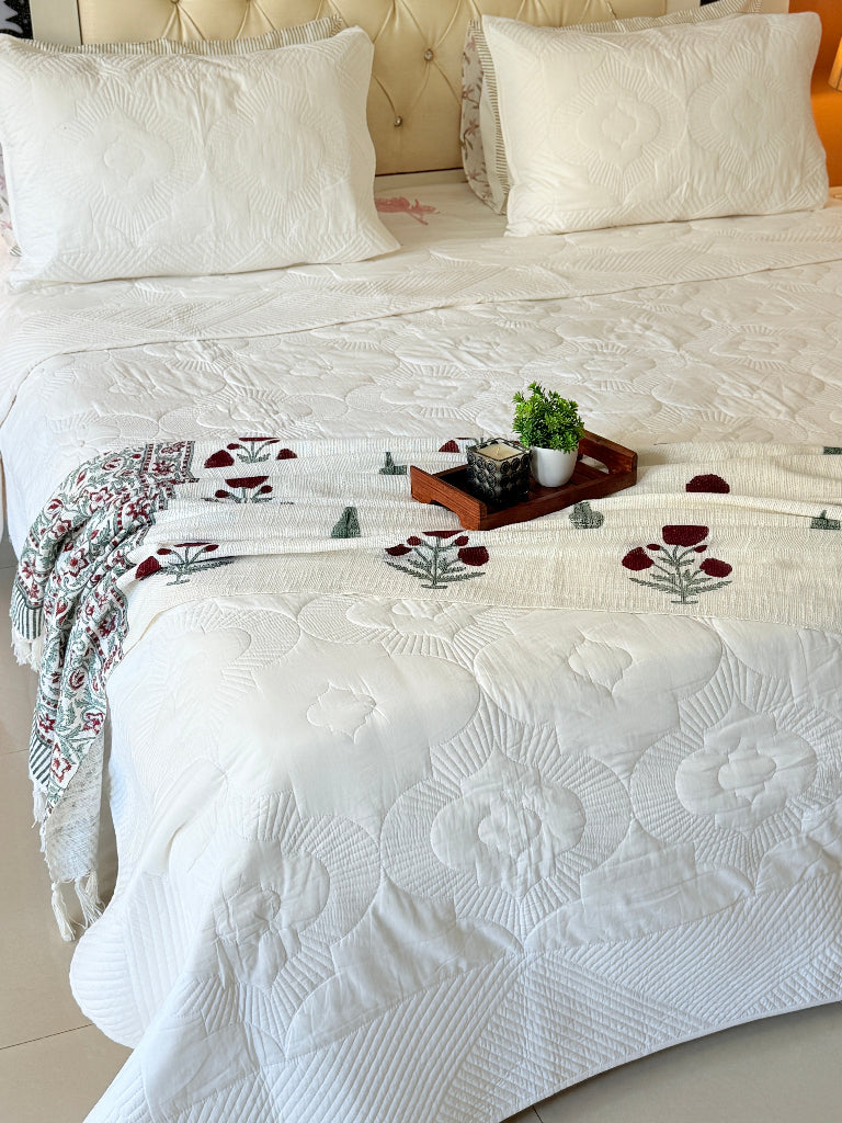 White Meadow Embroidered Quilted Bedcover