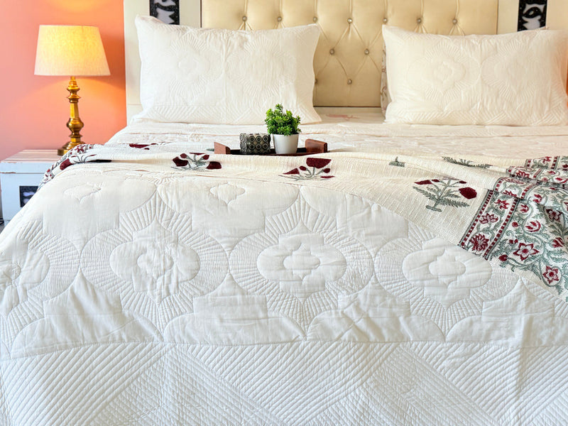White Meadow Embroidered Quilted Bedcover