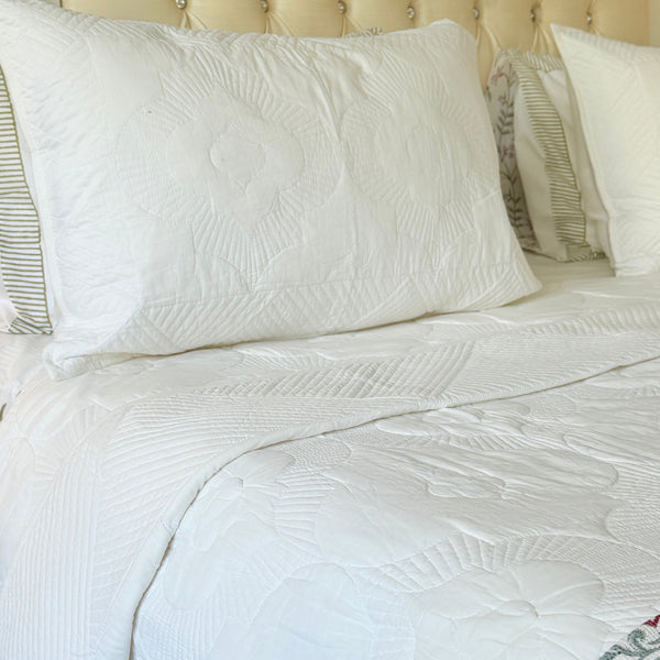 White Meadow Embroidered Quilted Bedcover