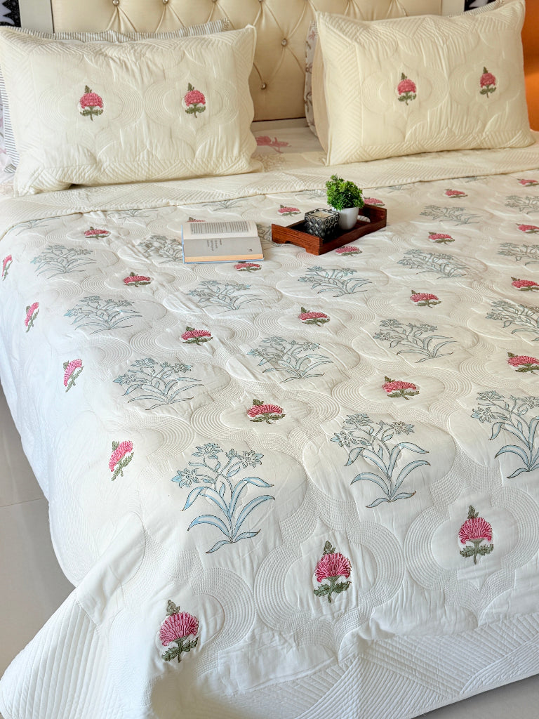 Ivory Whisper Hand Blocked Quilted Bedcover