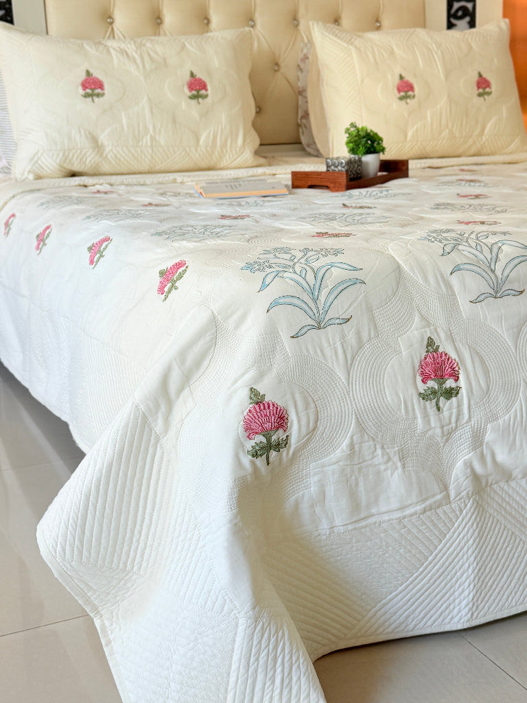Ivory Whisper Hand Blocked Quilted Bedcover