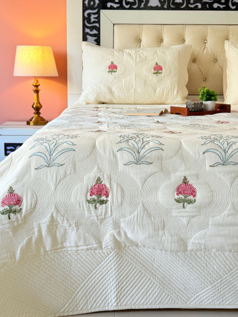 Ivory Whisper Hand Blocked Quilted Bedcover