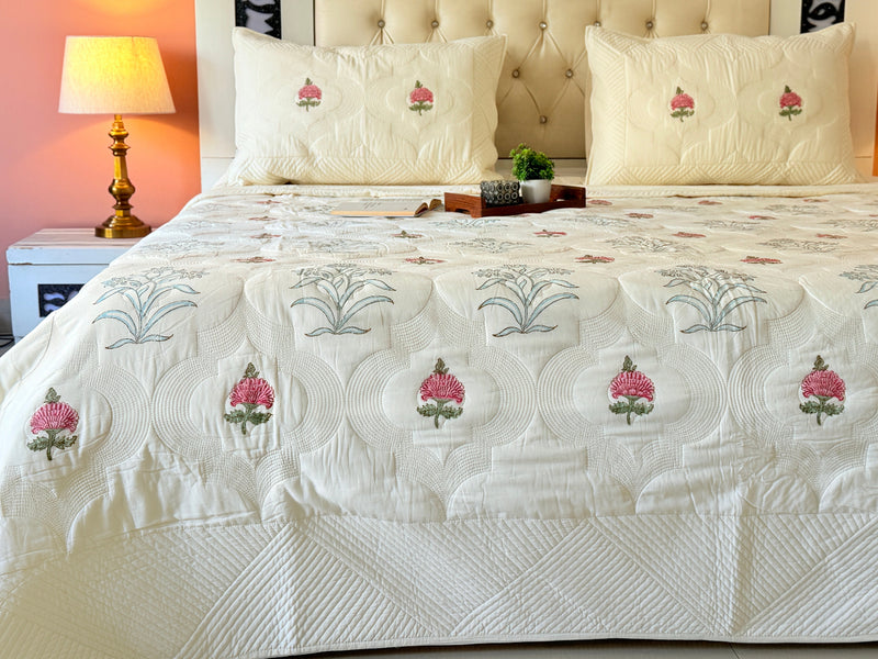 Ivory Whisper Hand Blocked Quilted Bedcover