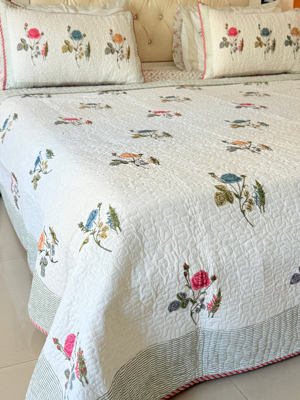 Rose Grandeur Hand Blocked Quilted Bedcover