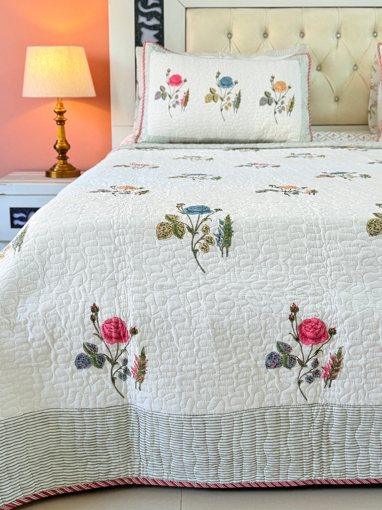 Rose Grandeur Hand Blocked Quilted Bedcover