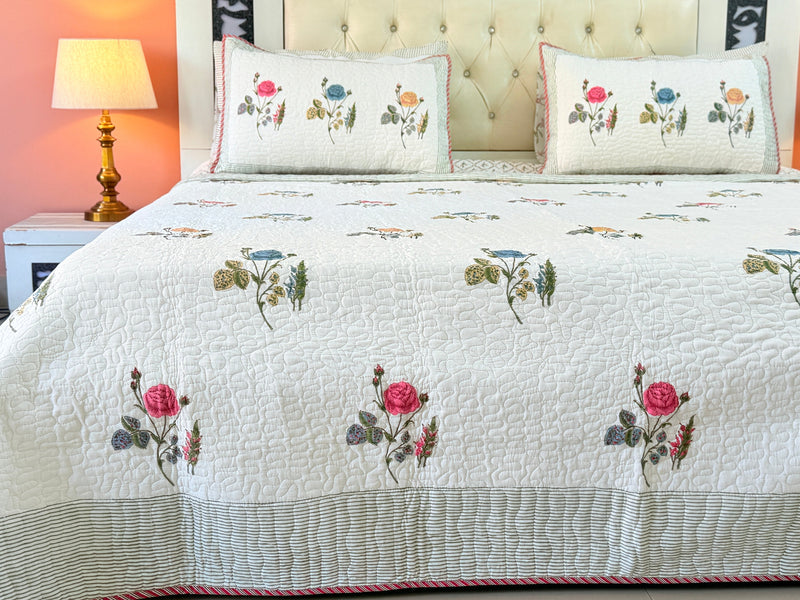 Rose Grandeur Hand Blocked Quilted Bedcover
