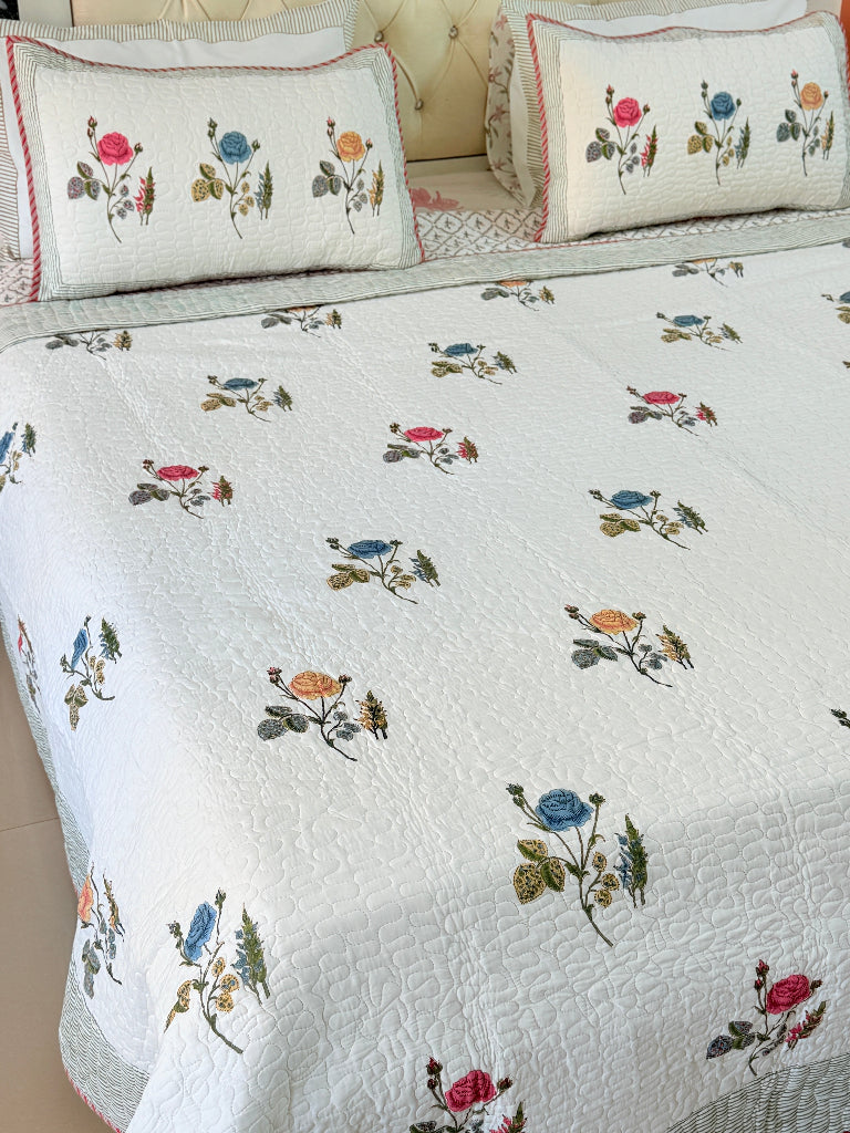 Rose Grandeur Hand Blocked Quilted Bedcover
