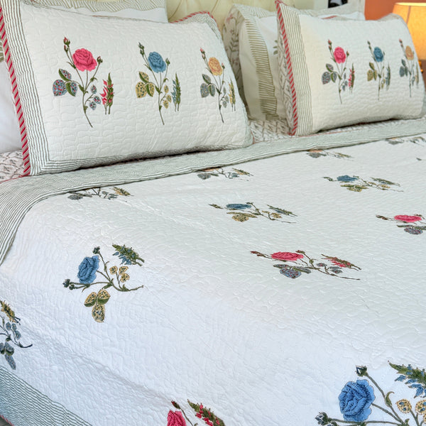 Rose Grandeur Hand Blocked Quilted Bedcover