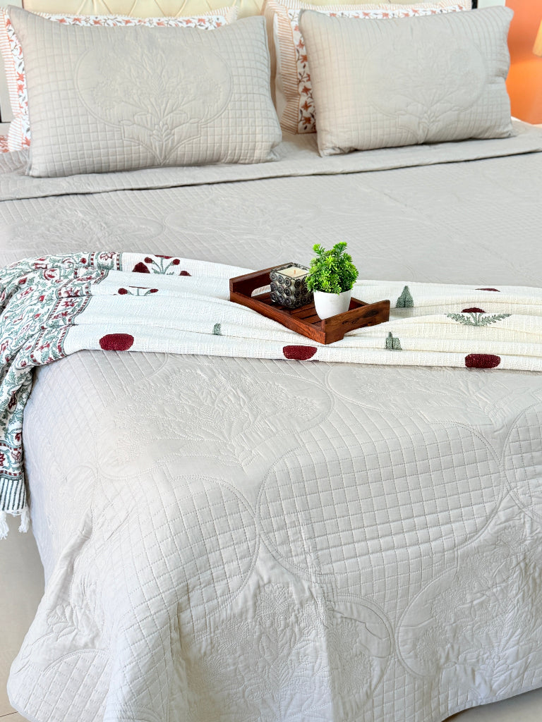 Moonstone Mist Embroidered Quilted Bedcover