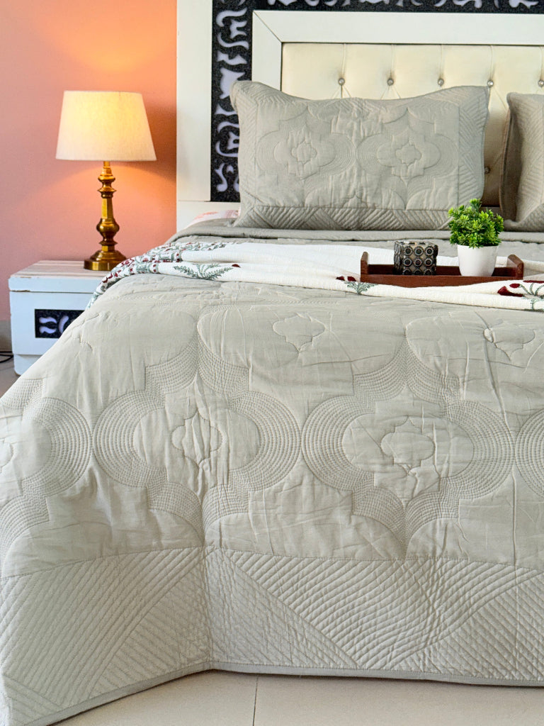 Stone Green Embroidered Quilted Bedcover